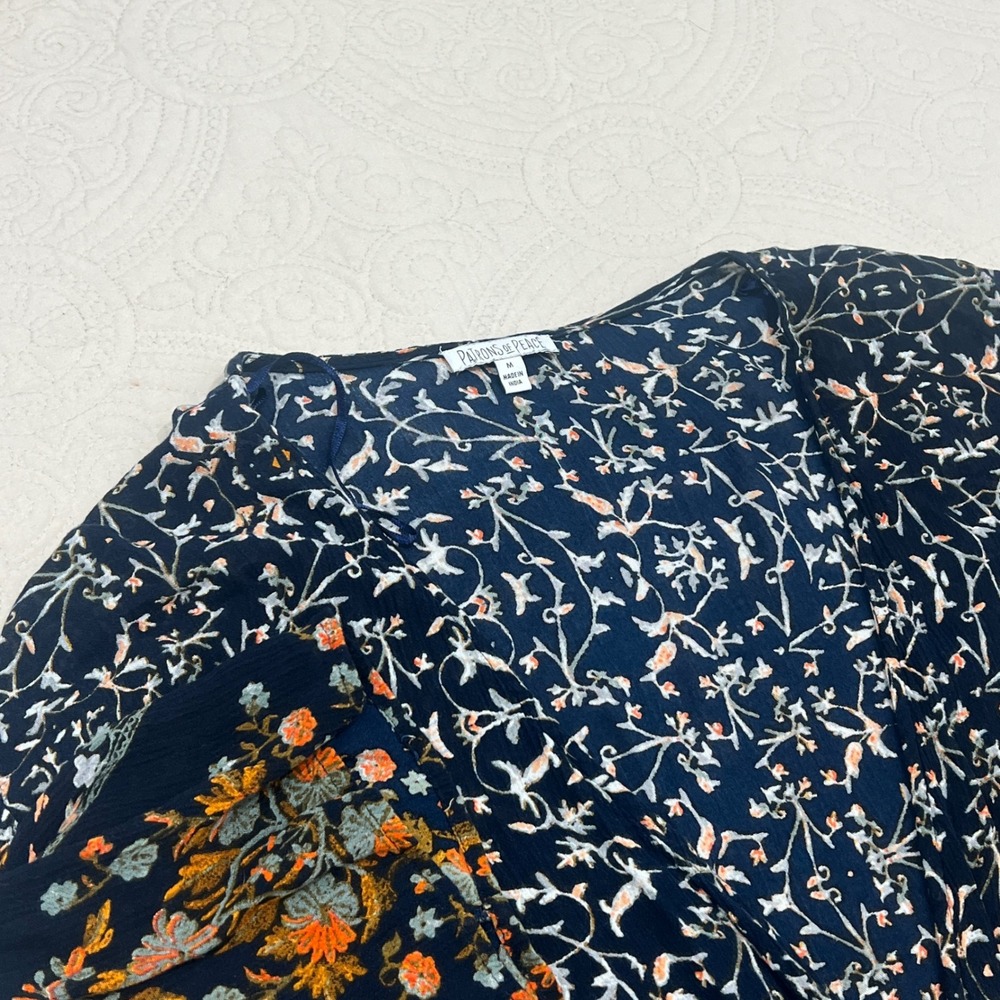 Patrons of Peace Navy Floral Tie Front‎ Crop Top Boho Kimono Sleeve Medium